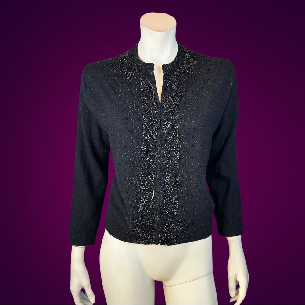 50s 60s Glam Beaded Jet Black ANGORA & Wool Cardigan Sweater / M